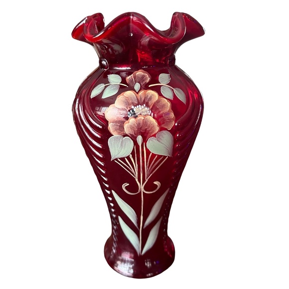 FENTON Vintage Cranberry Feather Vase 11” Hand Painted Signed Floral Design - Picture 1 of 8